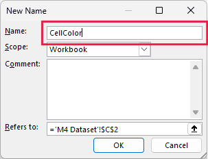 New Name dialog with CellColor in the Name field