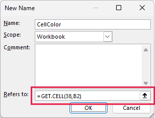New Name dialog with =GET.CELL(38,B2) in the Refers to field