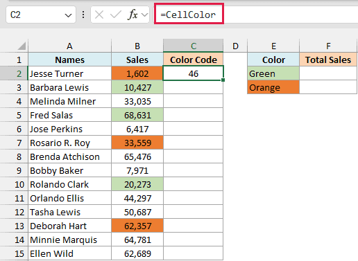 =CellColor in C2 returns 46 for the orange cell