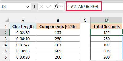 Excel formula =A2:A6*86400 in D2 spills total seconds into column D beside HOUR, MINUTE, and SECOND results in column B.