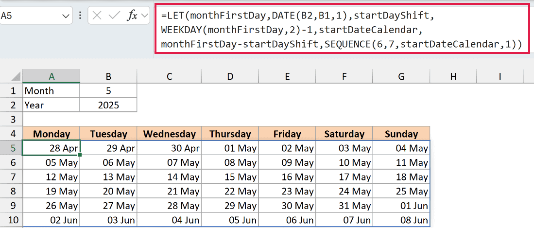 SEQUENCE calendar for May 2025 showing 42 dates in A5:G10, from April 28 through June 8.