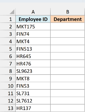 Employee IDs in column A with an empty Department column ready for the result