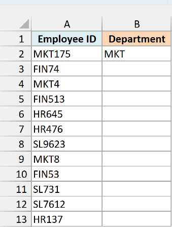 MKT typed in cell B2 as the expected result for the first employee ID