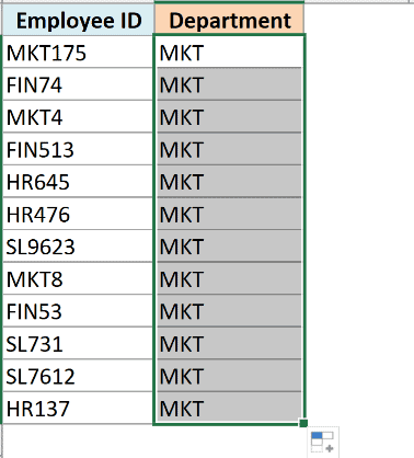 MKT copied down to B13 after dragging the fill handle, with the Auto Fill Options icon showing