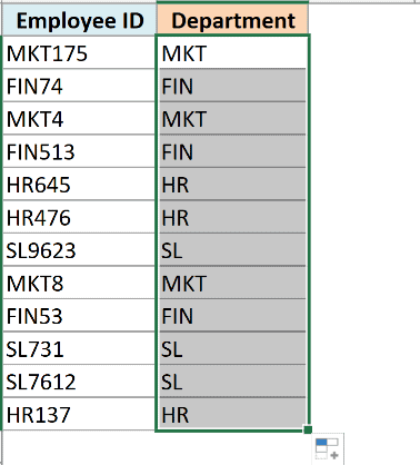 Flash Fill puts the department code from each employee ID in B2:B13