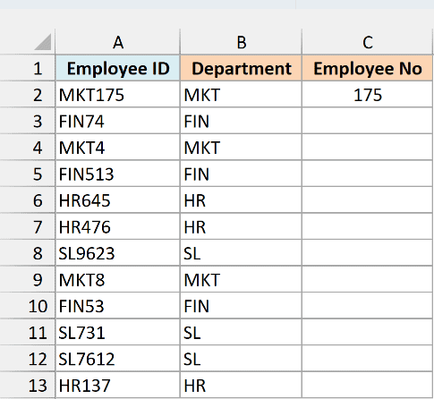 175 typed in cell C2 as the expected employee number