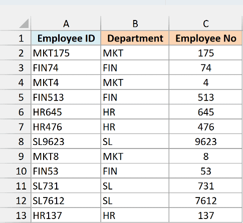 Flash Fill result with department codes in column B and employee numbers in column C