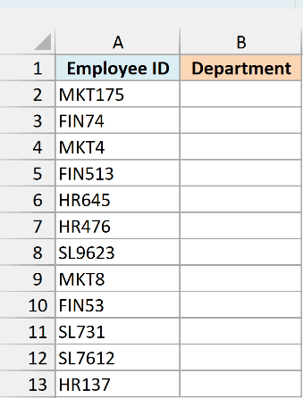 Employee IDs such as MKT175 in A2:A13 with an empty Department column