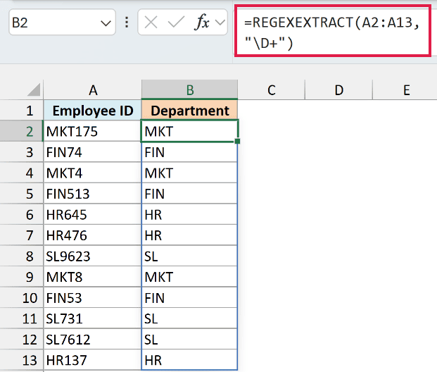 REGEXEXTRACT with the "\D+" pattern in B2 spilling the department codes down to B13