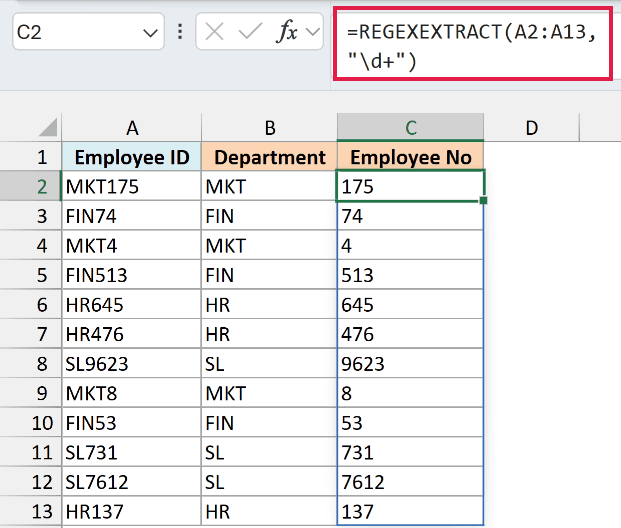 REGEXEXTRACT with the "\d+" pattern in C2 spilling the employee numbers down to C13