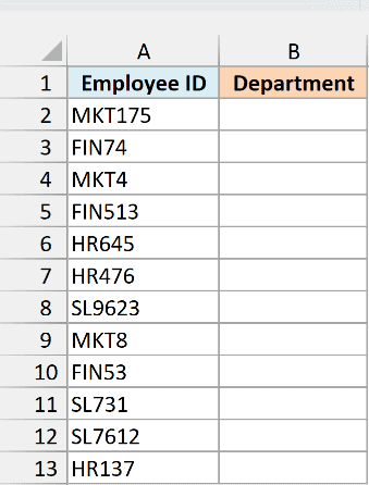 Employee IDs in A2:A13 with an empty Department column