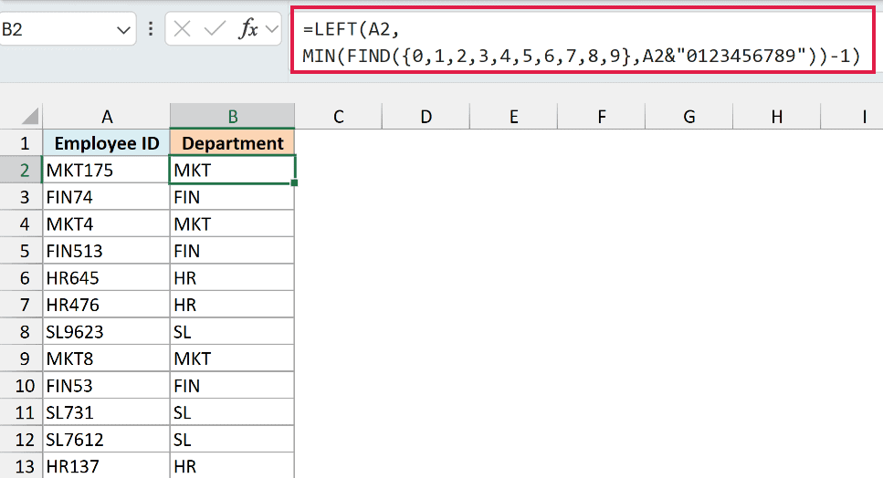 LEFT, MIN and FIND formula in B2 extracting the department code before the first digit