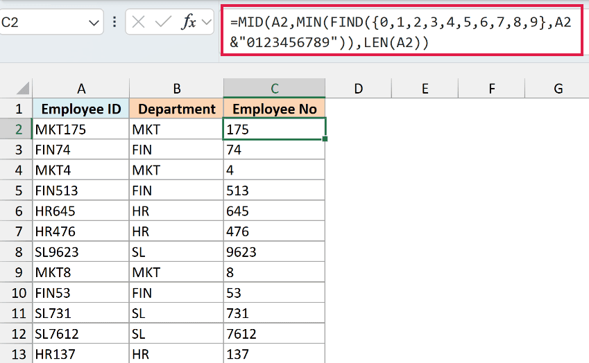 MID formula in C2 extracting the employee number from the first digit onward