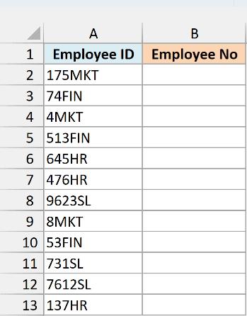 Employee IDs with the number first, such as 175MKT, and an empty Employee No column