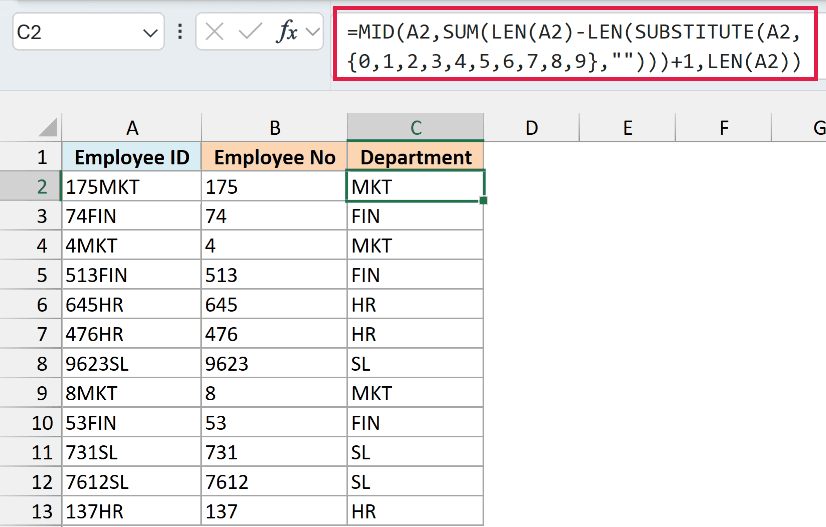 MID formula in C2 extracting the department code that follows the digits