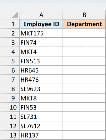 Employee IDs in A2:A13 with an empty Department column for the custom function