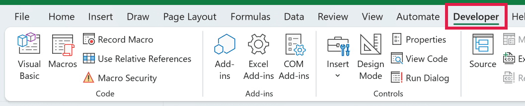 The Developer tab in the Excel ribbon