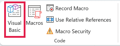 Visual Basic button in the Code group on the Developer tab