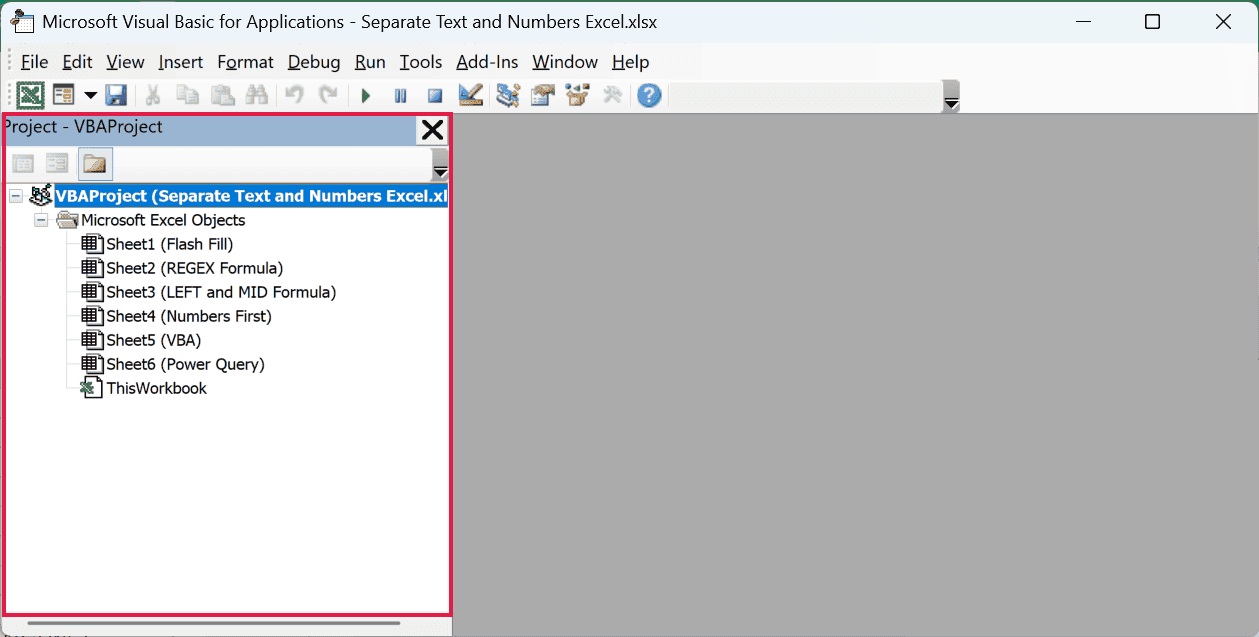 Project Explorer on the left side of the Visual Basic Editor