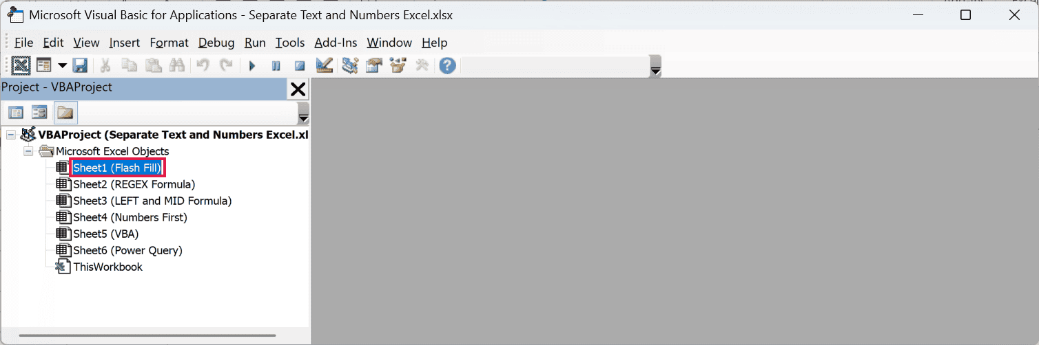 A worksheet object selected under the workbook in Project Explorer