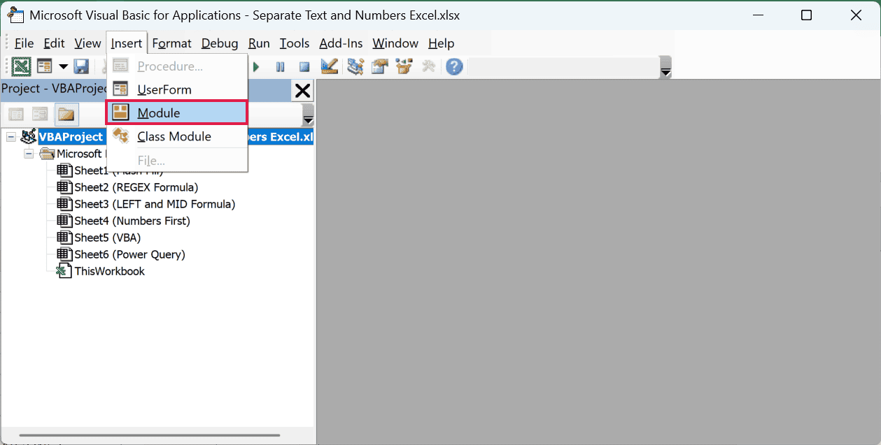 Insert menu in the Visual Basic Editor with the Module option