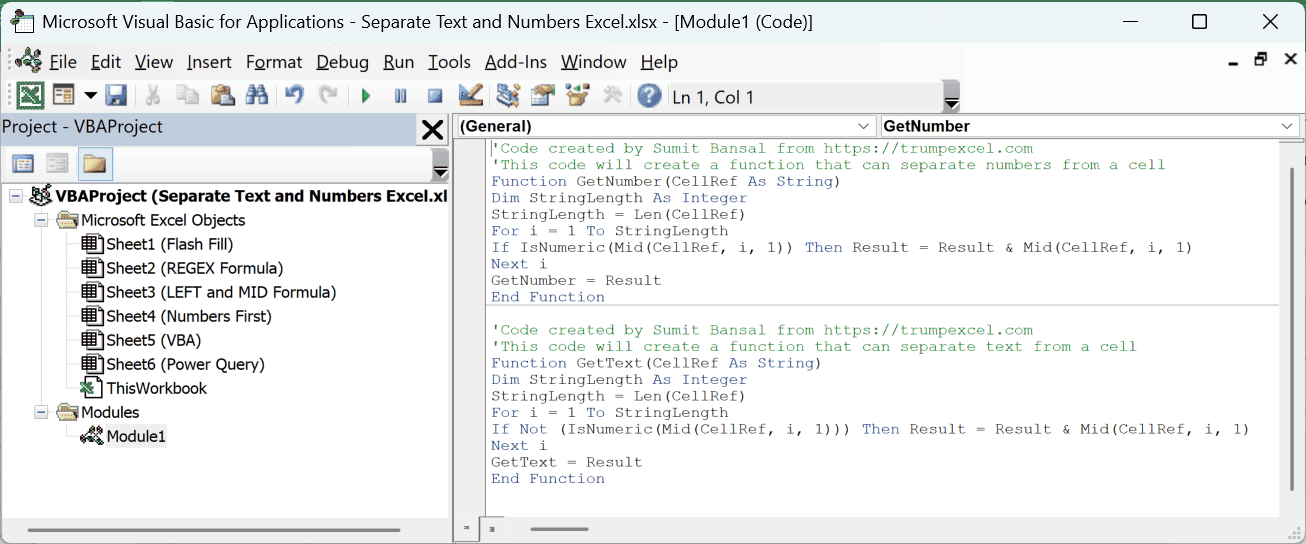 GetNumber and GetText functions pasted into the module code window