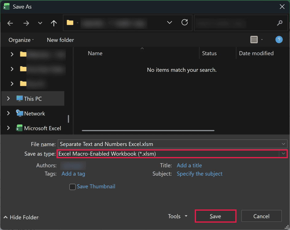 Save As dialog with Excel Macro-Enabled Workbook (*.xlsm) selected as the file type