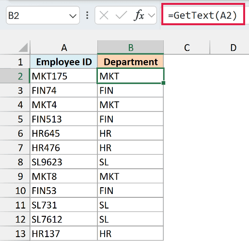 GetText custom function in B2 returning the department code