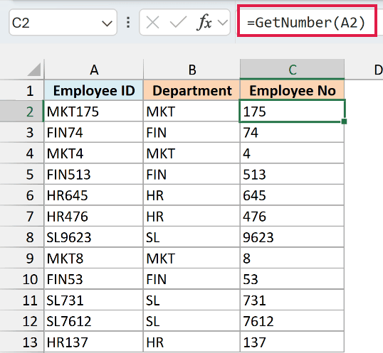 GetNumber custom function in C2 returning the employee number