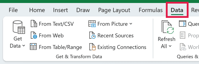 The Data tab in the Excel ribbon