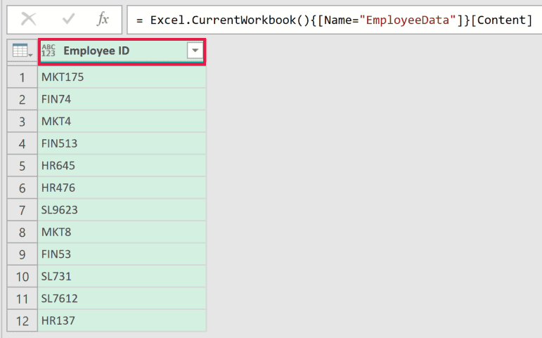 Power Query Editor with the Employee ID column selected