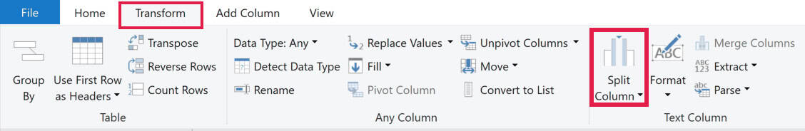 Split Column button on the Transform tab of the Power Query Editor