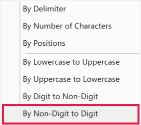Split Column drop-down with By Non-Digit to Digit highlighted