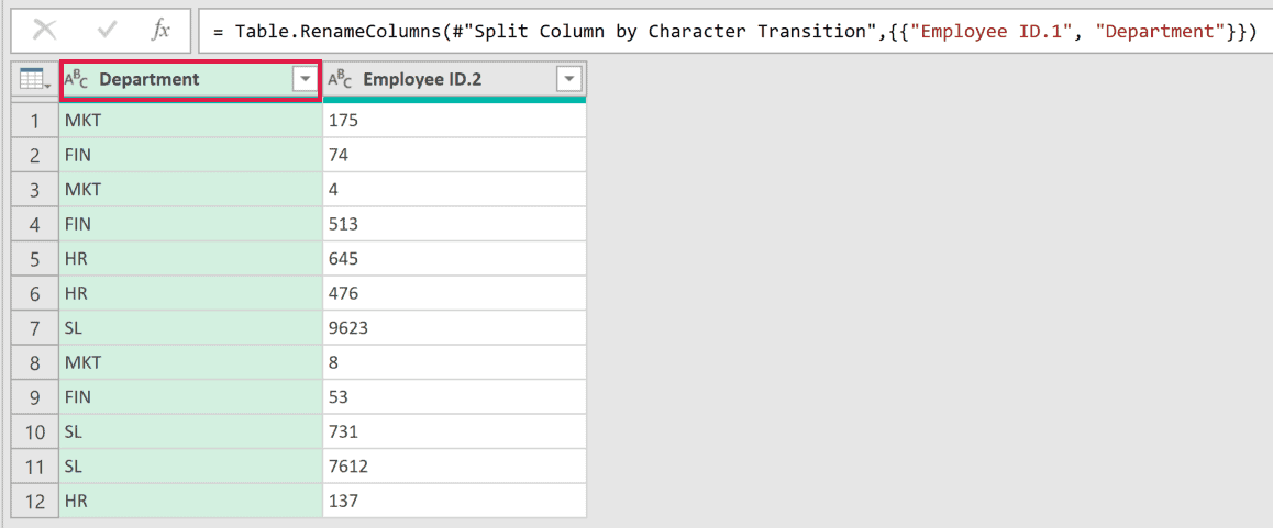Employee ID.1 renamed to Department in the Power Query Editor