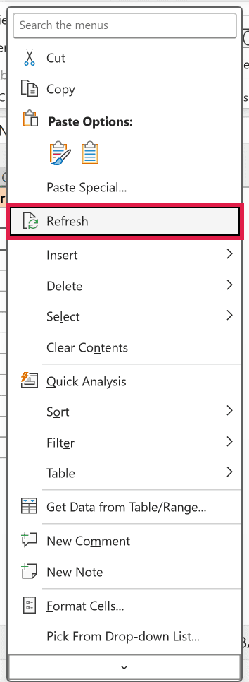 Right-click menu on the result table with the Refresh option highlighted