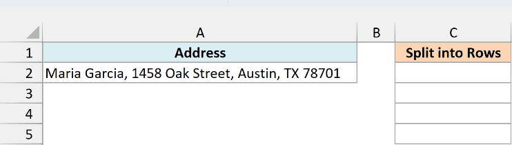 A comma-separated address in cell A2, with an empty Split into Rows column ready for the result