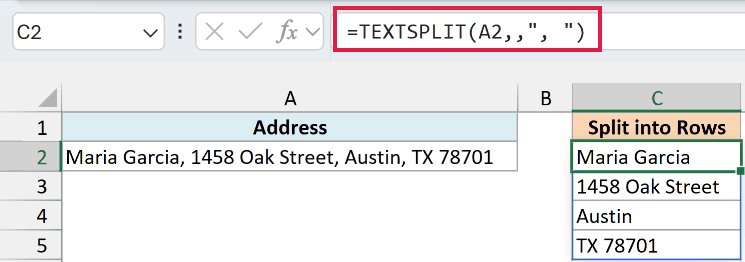 TEXTSPLIT formula in C2 splitting the address into four rows in C2:C5
