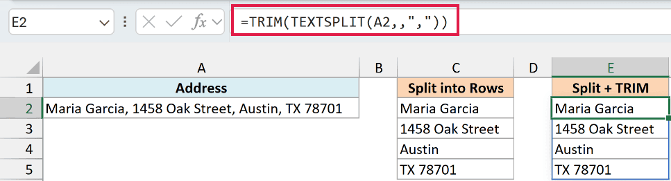 TRIM and TEXTSPLIT formula in E2 giving the same four address parts without leading spaces