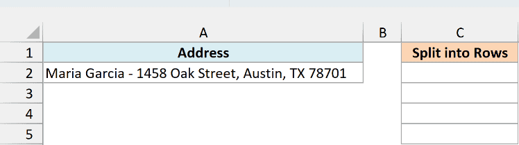 Address in A2 where a dash separates the name and commas separate the rest