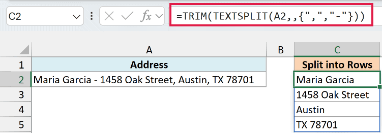 TEXTSPLIT with a dash and a comma as delimiters splitting the address into four rows