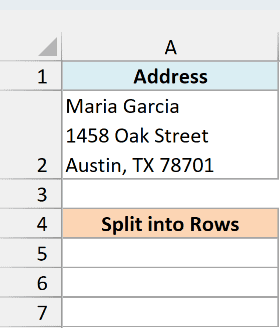 Address in A2 with each part on its own line inside the cell