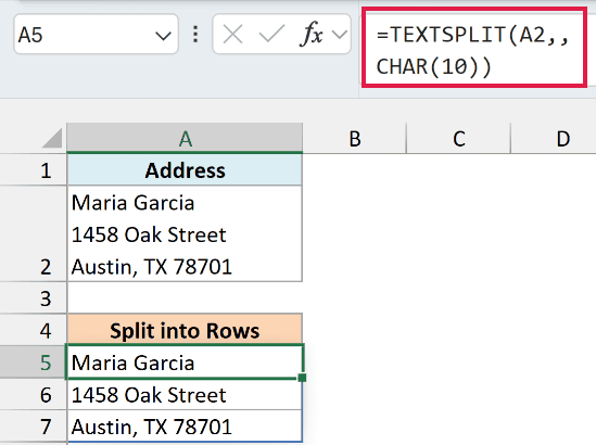 TEXTSPLIT with CHAR(10) splitting each line of the address into its own row