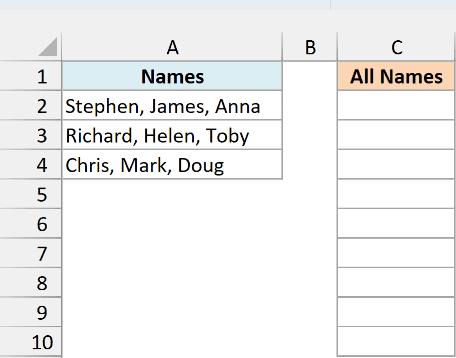 Three cells in column A, each holding three comma-separated names