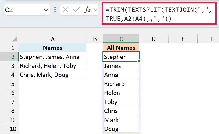 TEXTJOIN and TEXTSPLIT formula listing all nine names in one column