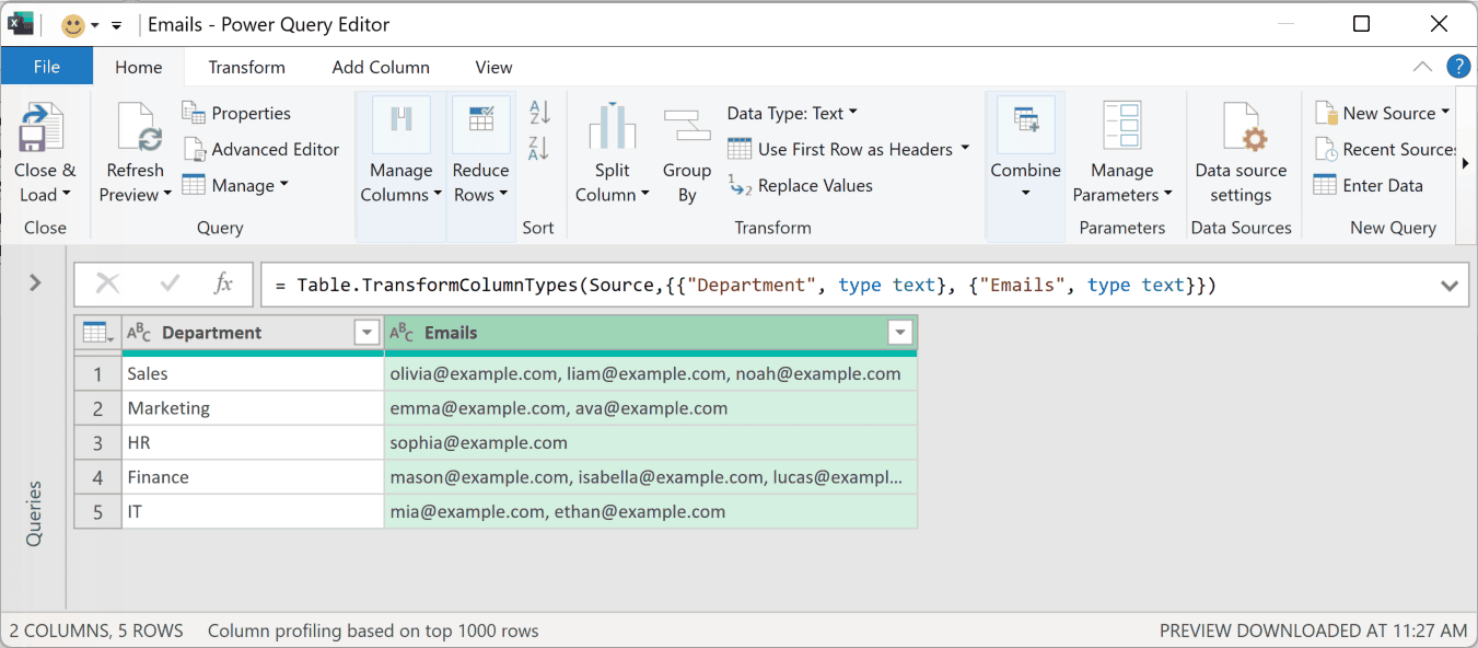 Power Query Editor with the Emails column selected