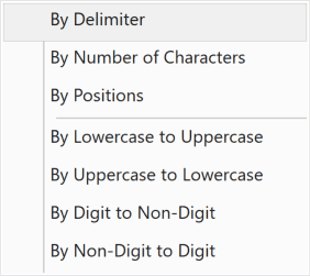 Split Column drop-down in the Power Query Editor with By Delimiter highlighted