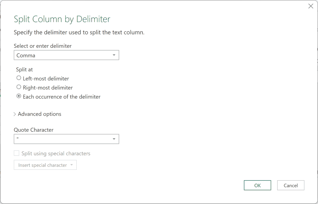 Split Column by Delimiter dialog with Comma and Each occurrence of the delimiter selected