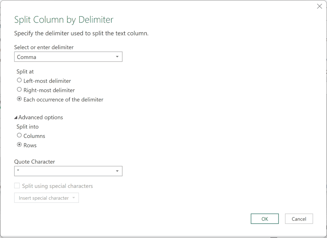Advanced options expanded in the Split Column by Delimiter dialog with Rows selected