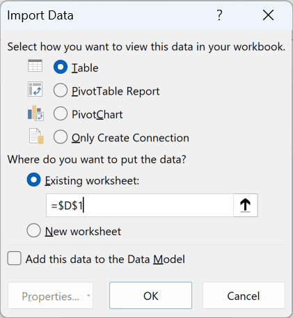 Import Data dialog with Table and Existing worksheet cell D1 selected