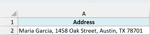 A comma-separated address in cell A2